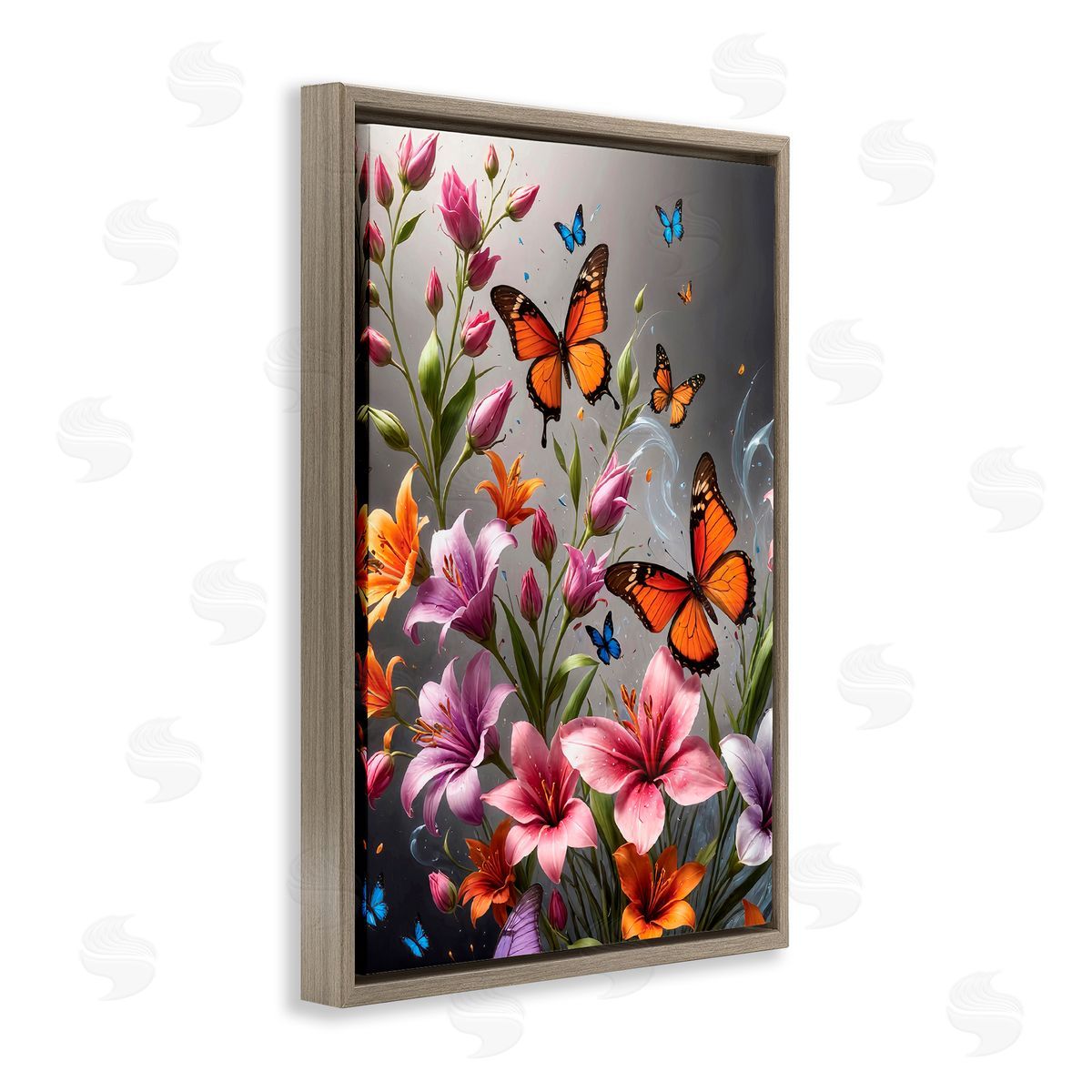 Yuri Khrushch Monarch Butterflies & Lilies Brown Floating Frame Canvas Wall Art Print