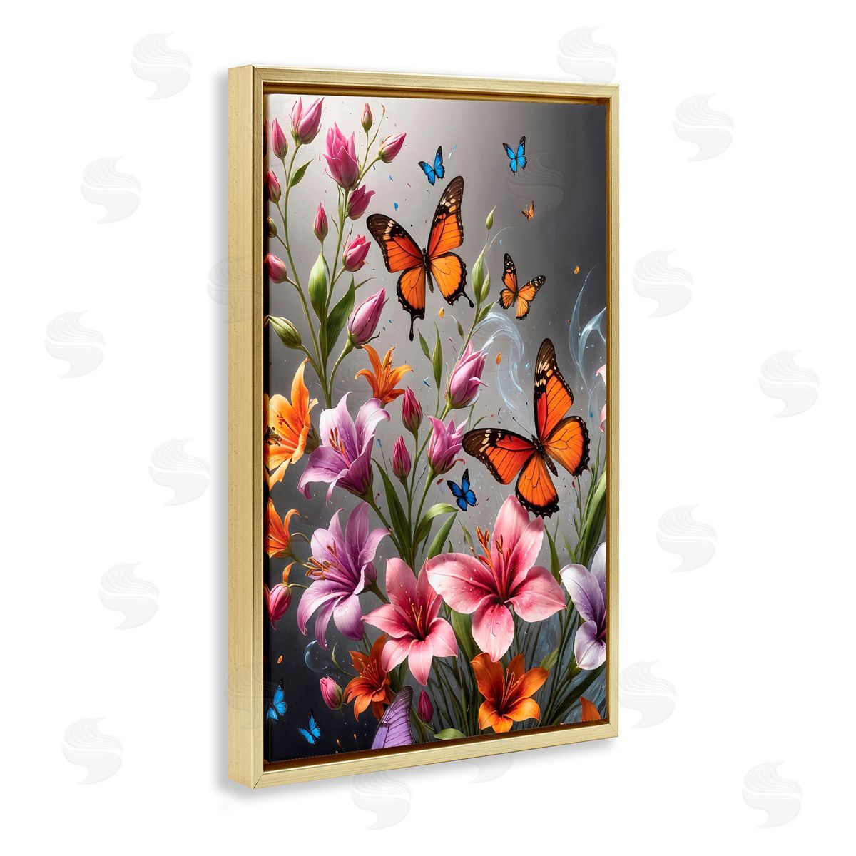 Yuri Khrushch Monarch Butterflies & Lilies Gold Floating Frame Canvas Wall Art Print
