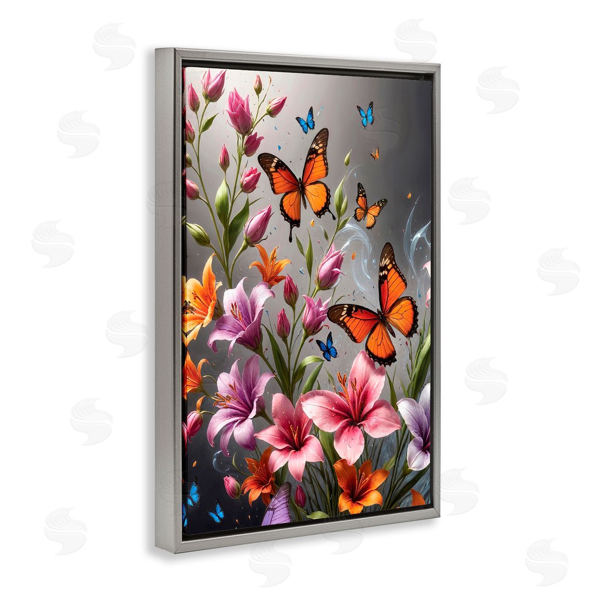 Yuri Khrushch Monarch Butterflies & Lilies Gray Floating Frame Canvas Wall Art Print