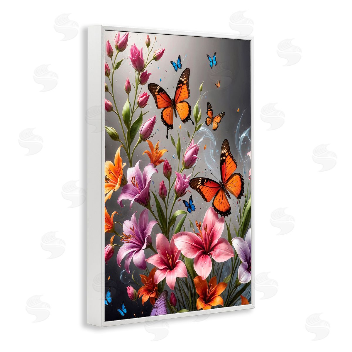 Yuri Khrushch Monarch Butterflies & Lilies White Framed Giclee Wall Art Print