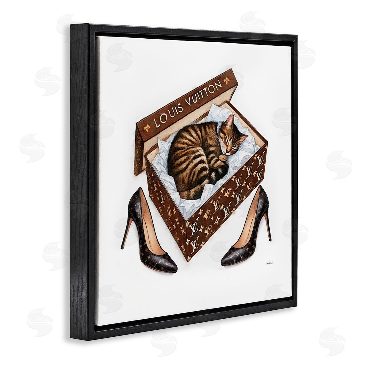 Sleeping Cat in Shoebox Black Floating Frame Canvas Wall Art, Home Decor by Amanda Greenwood