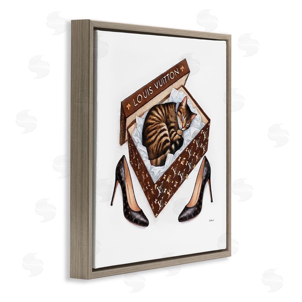 Sleeping Cat in Shoebox Brown Floating Frame Canvas Wall Art, Home Decor by Amanda Greenwood