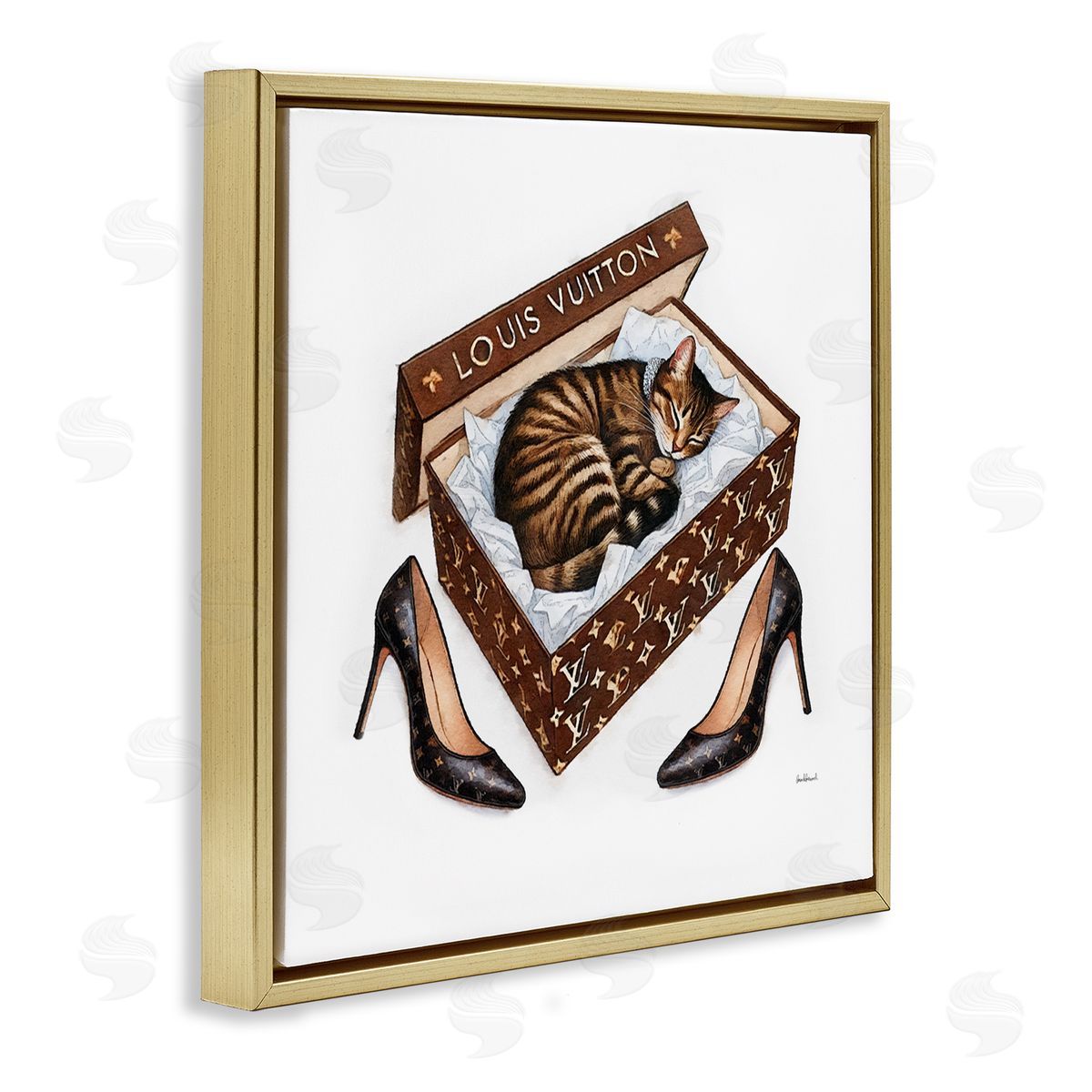 Sleeping Cat in Shoebox Gold Floating Frame Canvas Wall Art, Home Decor by Amanda Greenwood