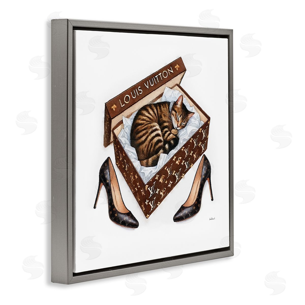 Sleeping Cat in Shoebox Grey Floating Frame Canvas Wall Art, Home Decor by Amanda Greenwood