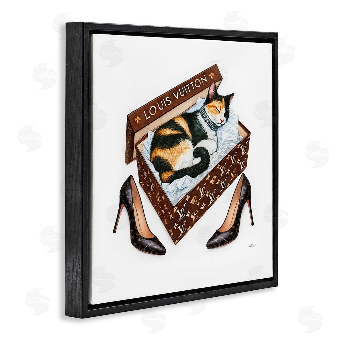 Amanda Greenwood Kitty Sleeping in Shoebox Black Floating Frame Canvas Wall Art Print