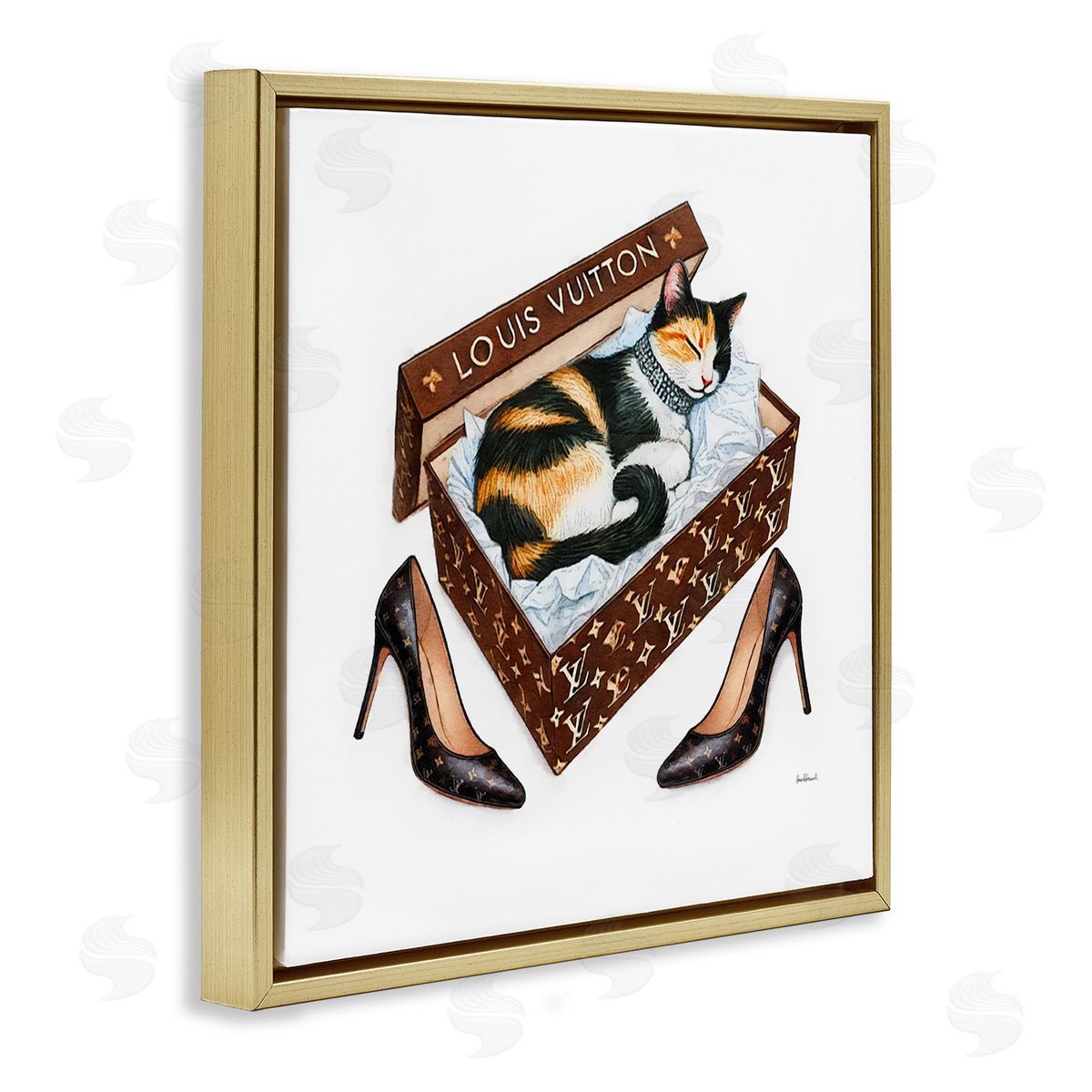 Amanda Greenwood Kitty Sleeping in Shoebox Gold Floating Frame Canvas Wall Art Print