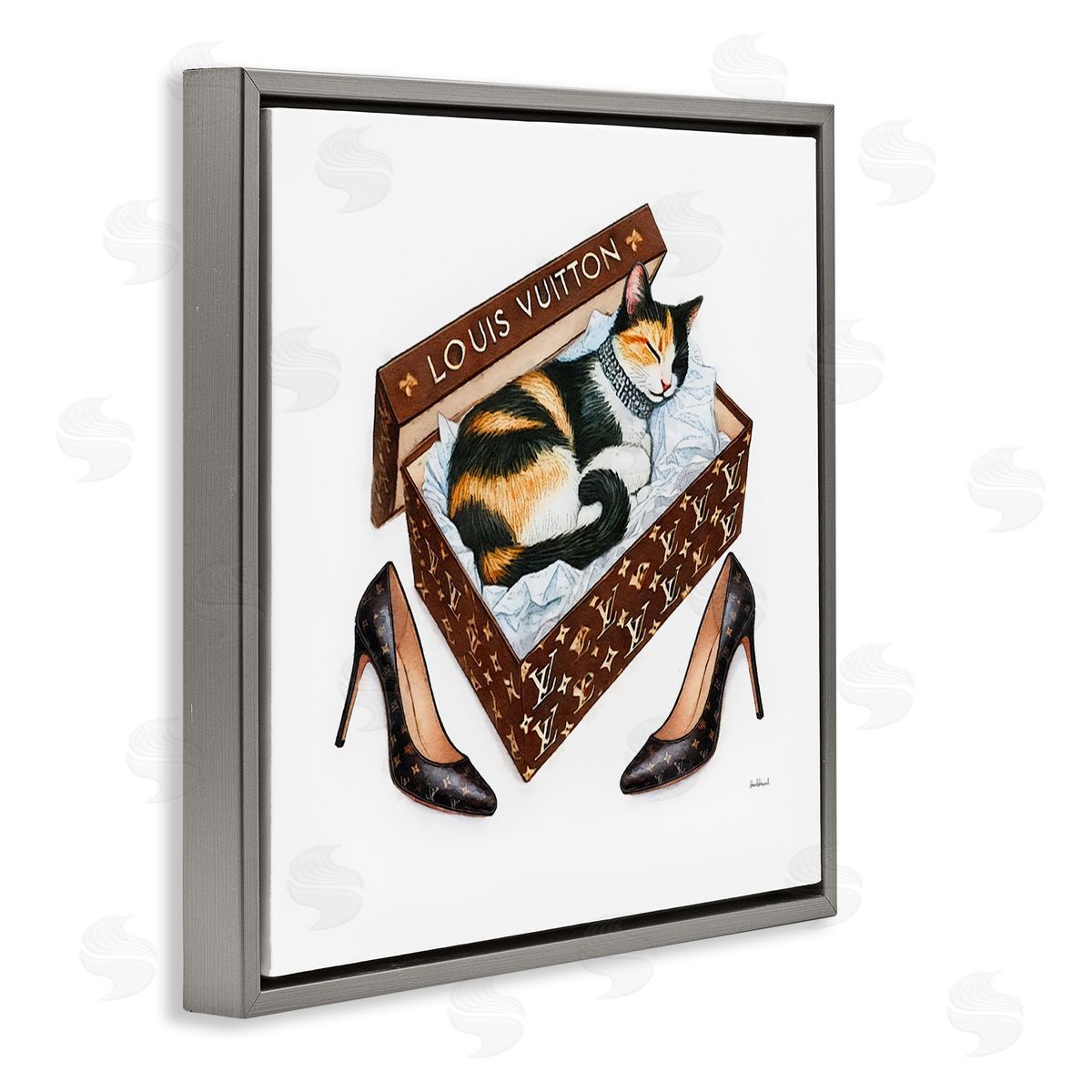 Amanda Greenwood Kitty Sleeping in Shoebox Gray Floating Frame Canvas Wall Art Print