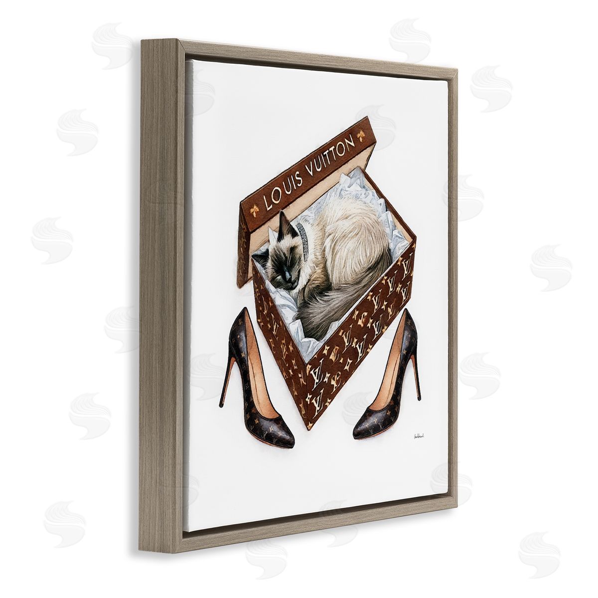 Amanda Greenwood Kitty Sleeping Heels Box Brown Floating Frame Canvas Wall Art Print