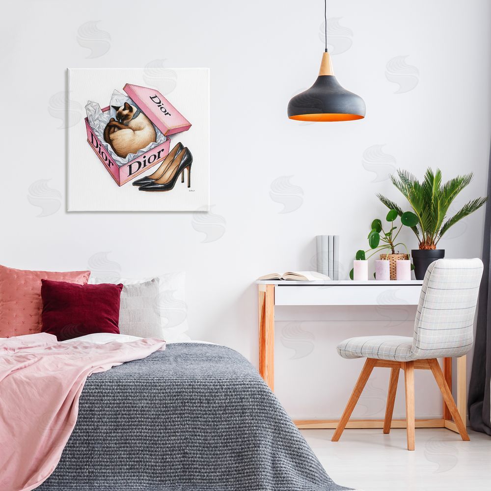 Amanda Greenwood Pink Shoebox with Cat Canvas Wall Art Print in Room