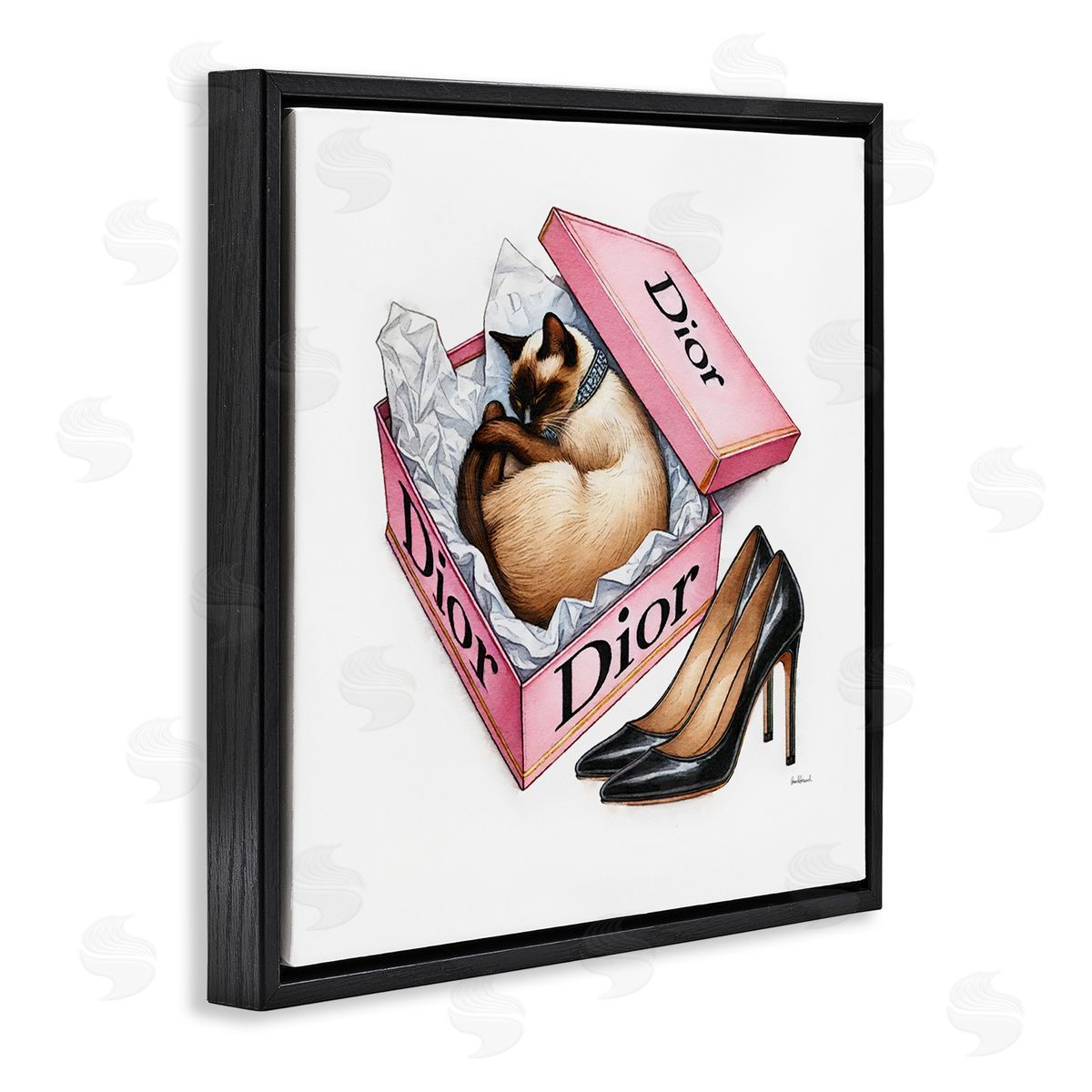Amanda Greenwood Pink Shoebox with Cat Black Floating Frame Canvas Wall Art Print