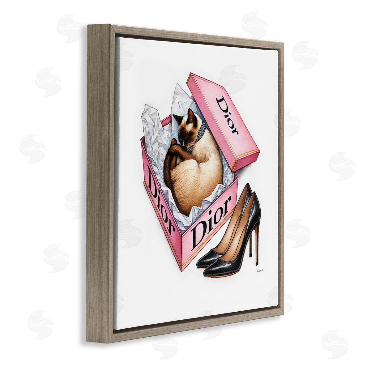 Amanda Greenwood Pink Shoebox with Cat Brown Floating Frame Canvas Wall Art Print