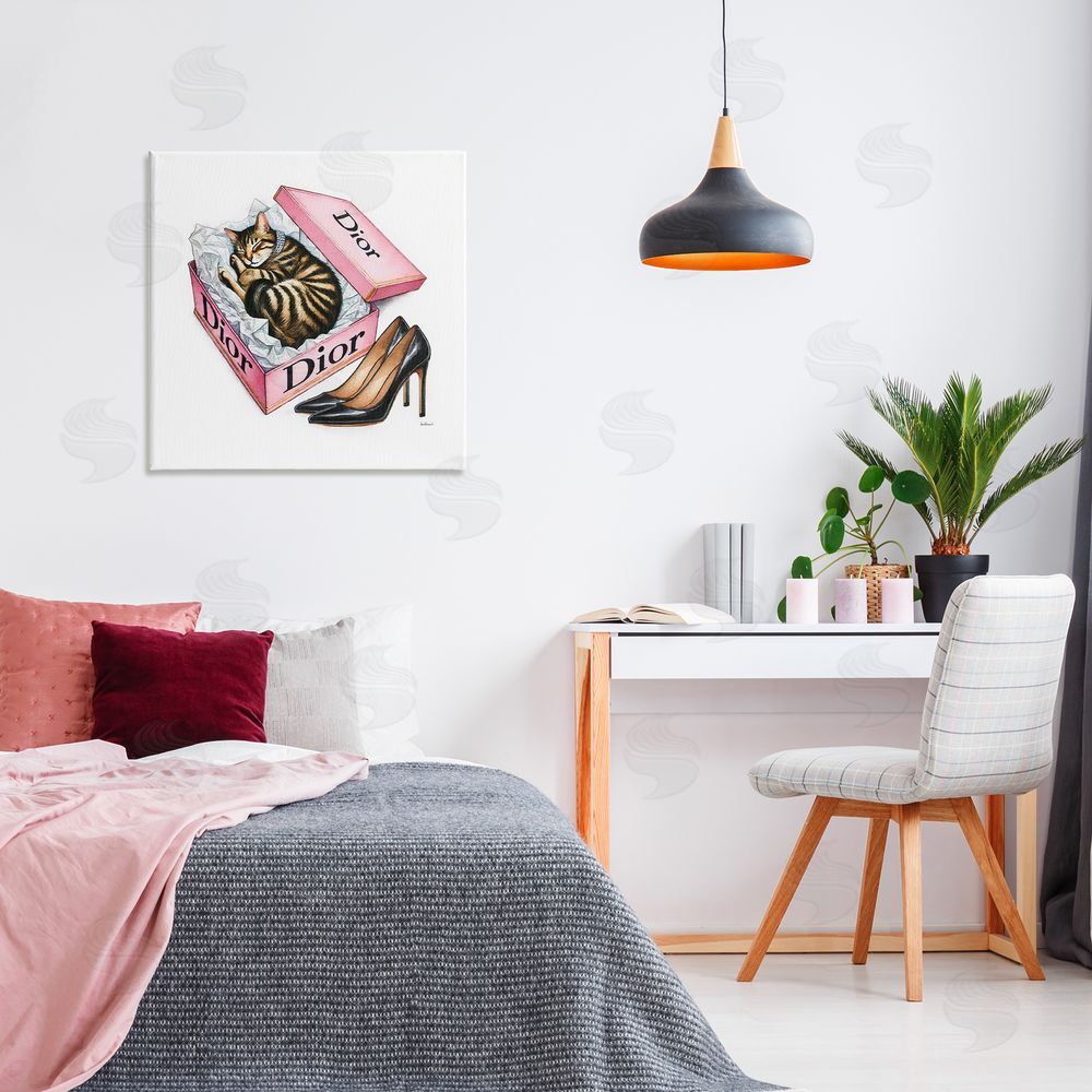 Amanda Greenwood Pink Shoebox with Kitten Canvas Wall Art Print in Room