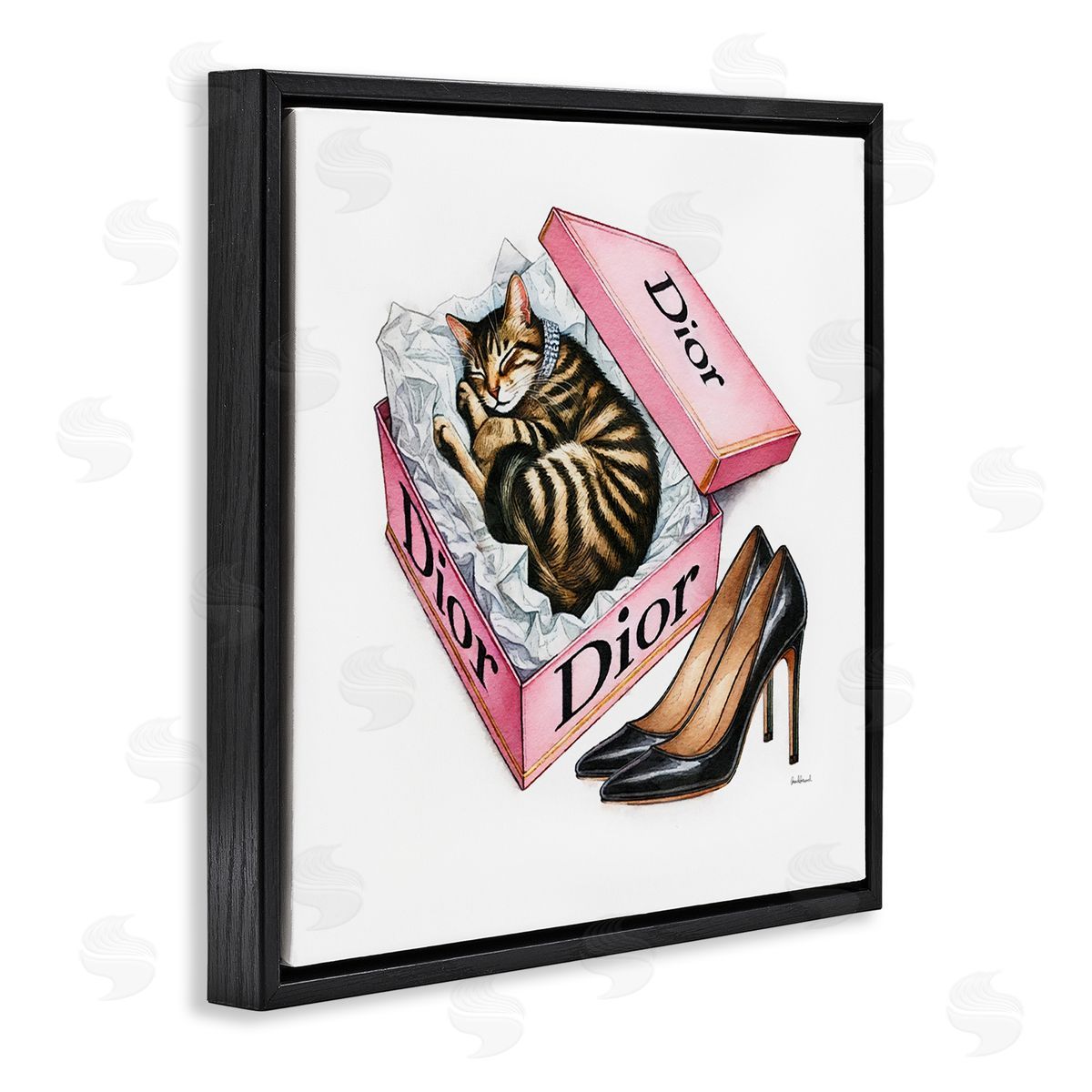 Amanda Greenwood Pink Shoebox with Kitten Black Floating Frame Canvas Wall Art Print