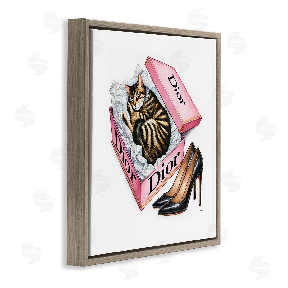 Amanda Greenwood Pink Shoebox with Kitten Brown Floating Frame Canvas Wall Art Print