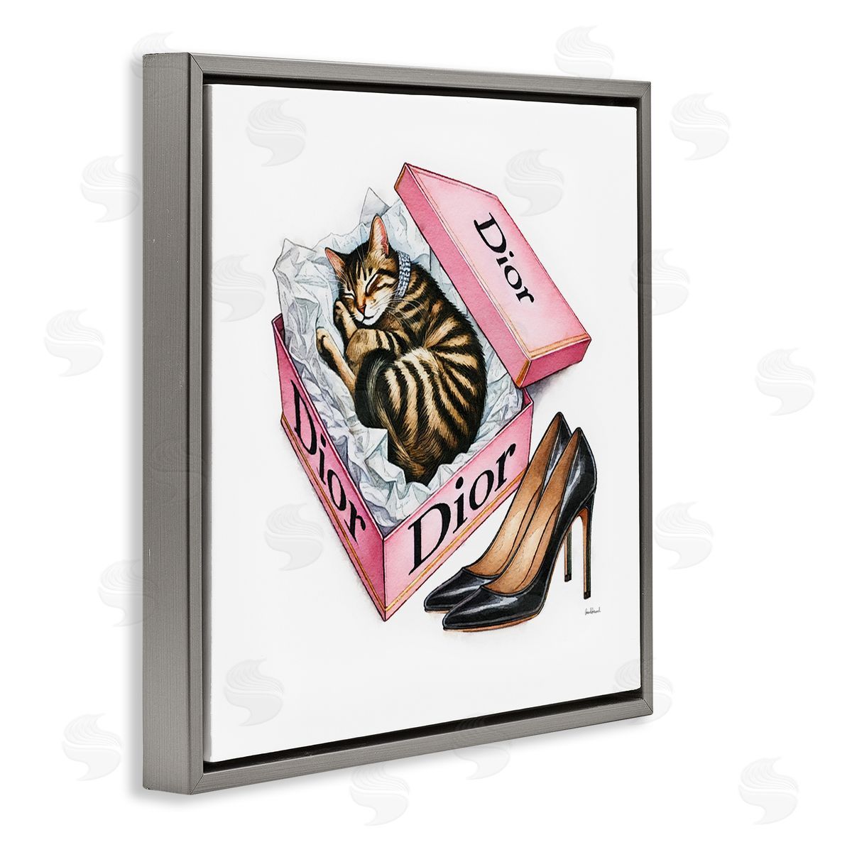 Amanda Greenwood Pink Shoebox with Kitten Gray Floating Frame Canvas Wall Art Print