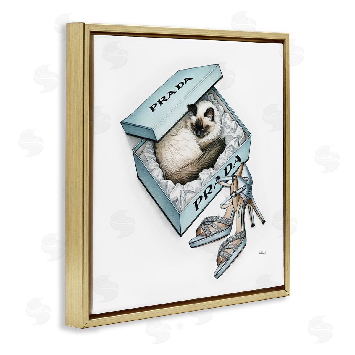 Amanda Greenwood Sleepy Kitten in Shoebox Gold Floating Frame Canvas Wall Art Print