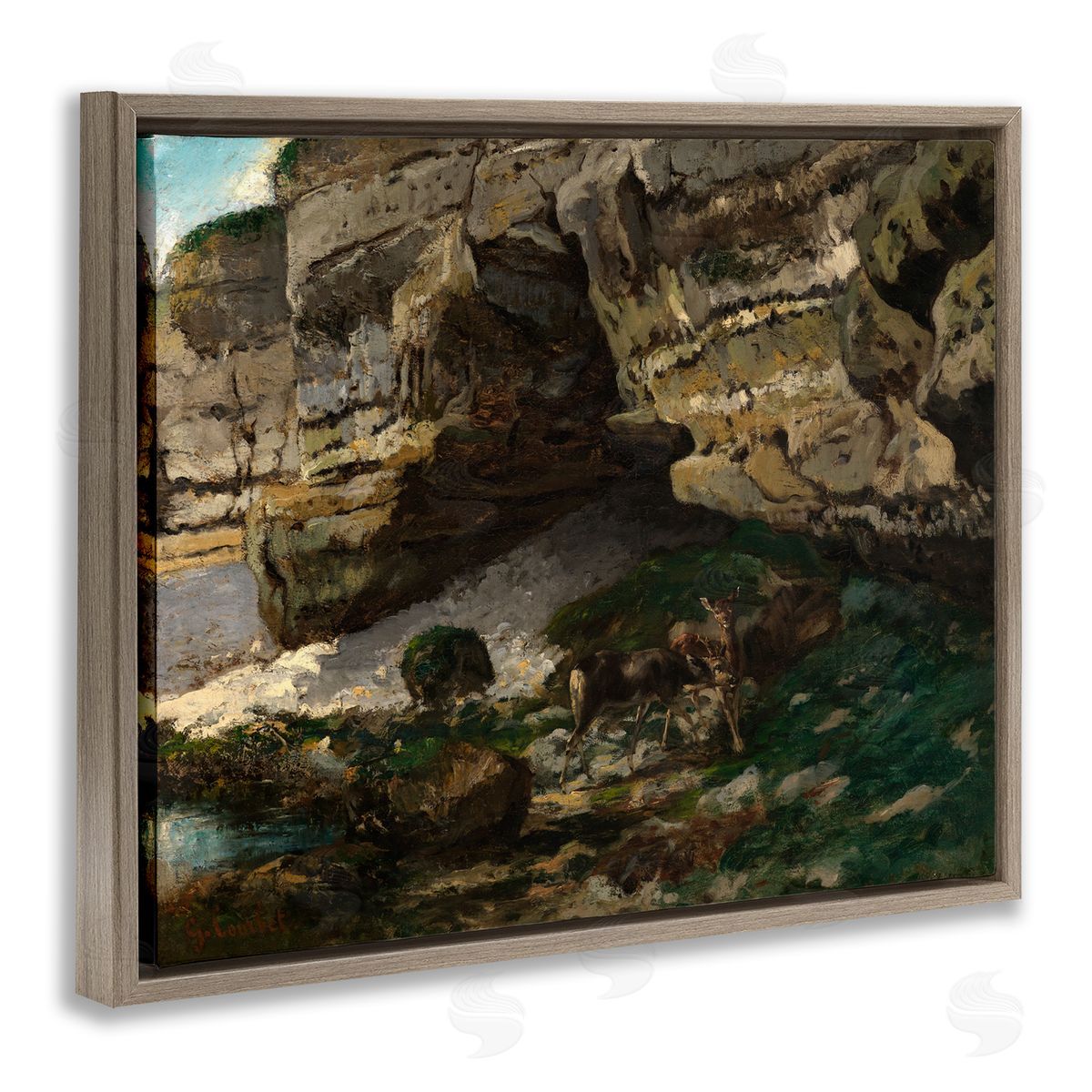 one1000paintings Classic Courbet Cliff Landscape Brown Floating Frame Canvas Wall Art Print