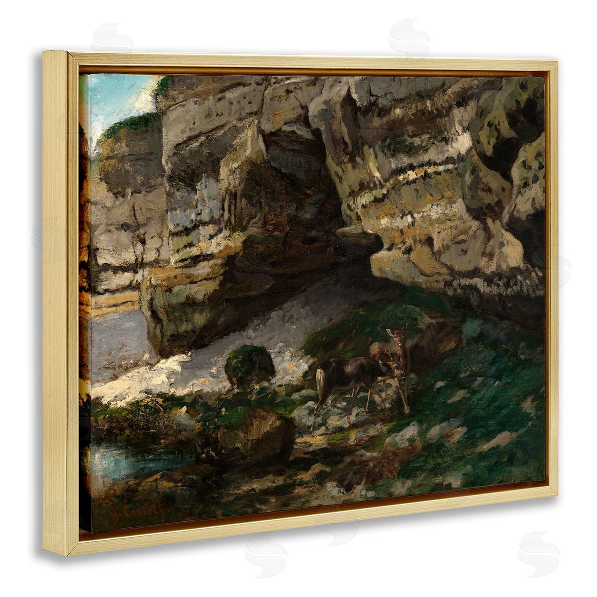 one1000paintings Classic Courbet Cliff Landscape Gold Floating Frame Canvas Wall Art Print