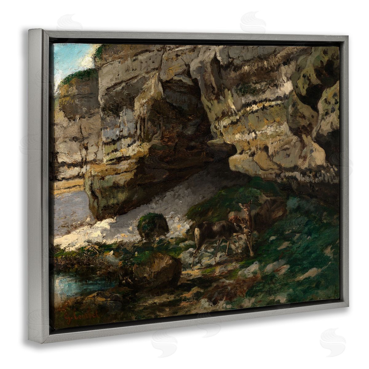 one1000paintings Classic Courbet Cliff Landscape Gray Floating Frame Canvas Wall Art Print