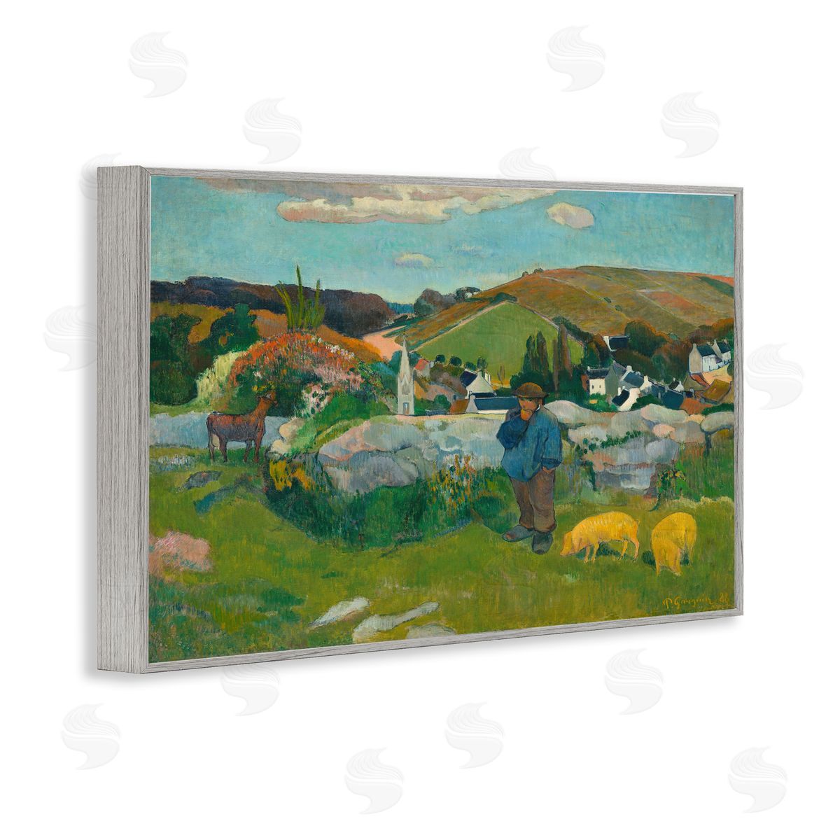 one1000paintings Classic Gauguin Swineherd Gray Framed Giclee Wall Art Print