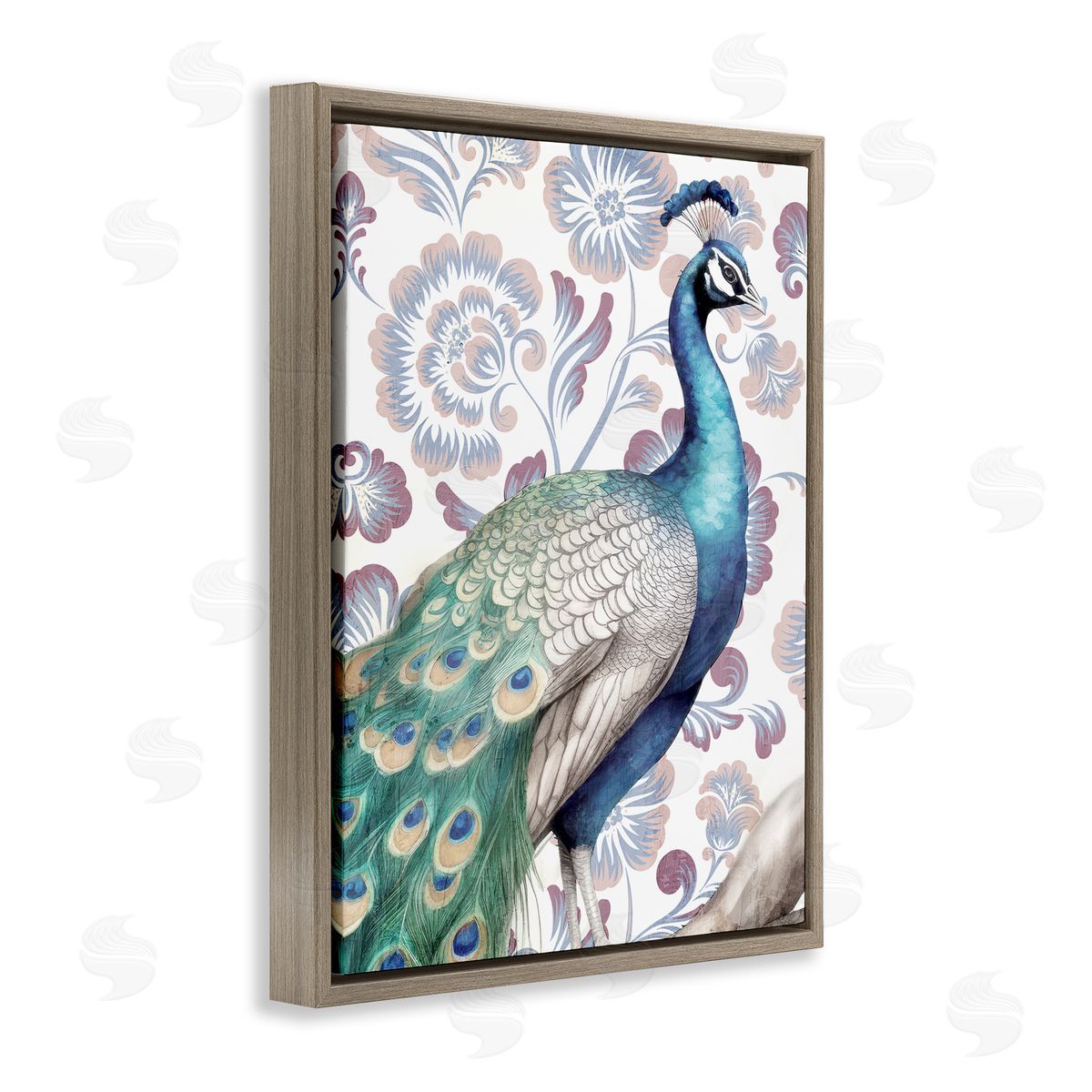 Kim Allen Peacock on Vintage Florals Brown Floating Frame Canvas Wall Art Print