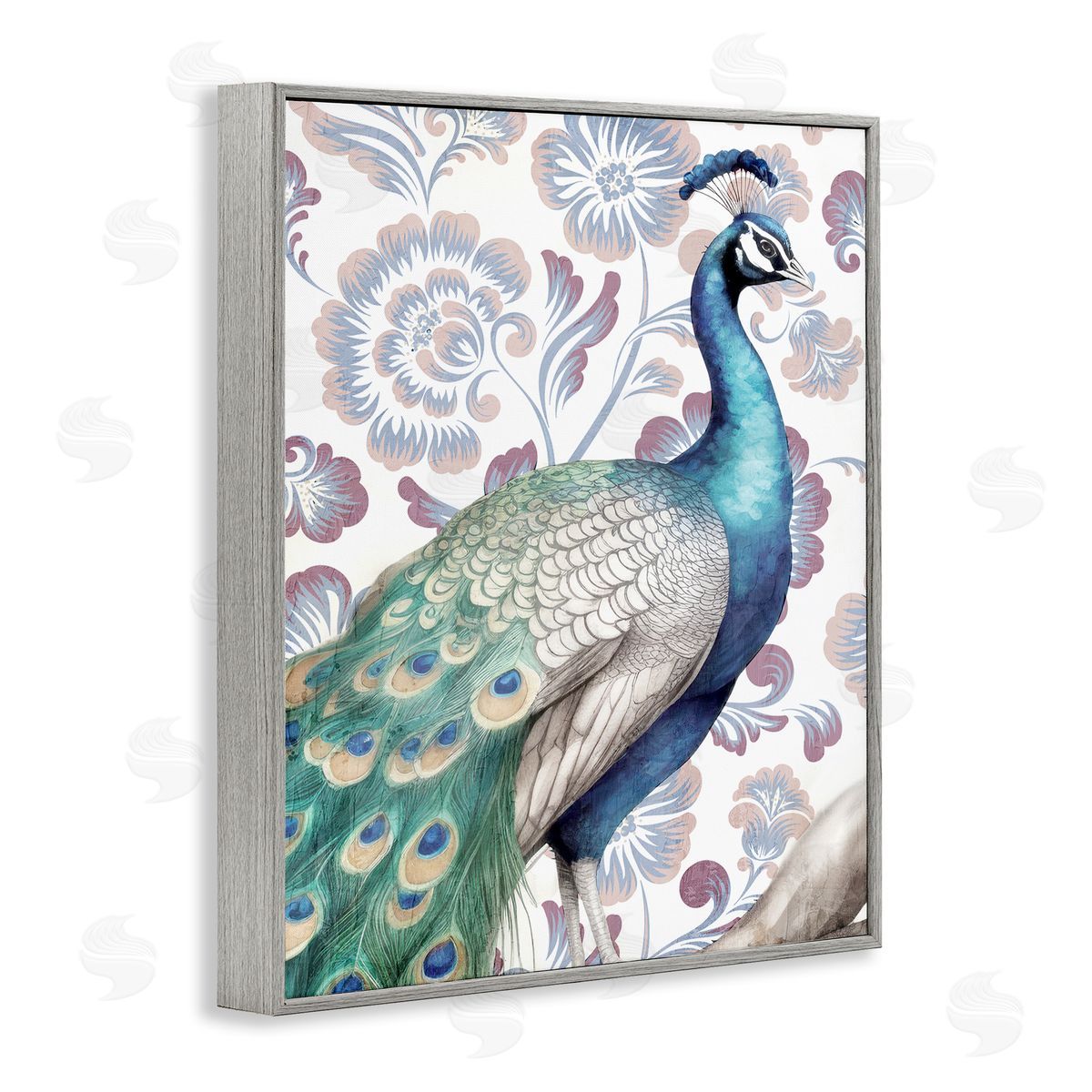 Kim Allen Peacock on Vintage Florals Gray Framed Giclee Wall Art Print