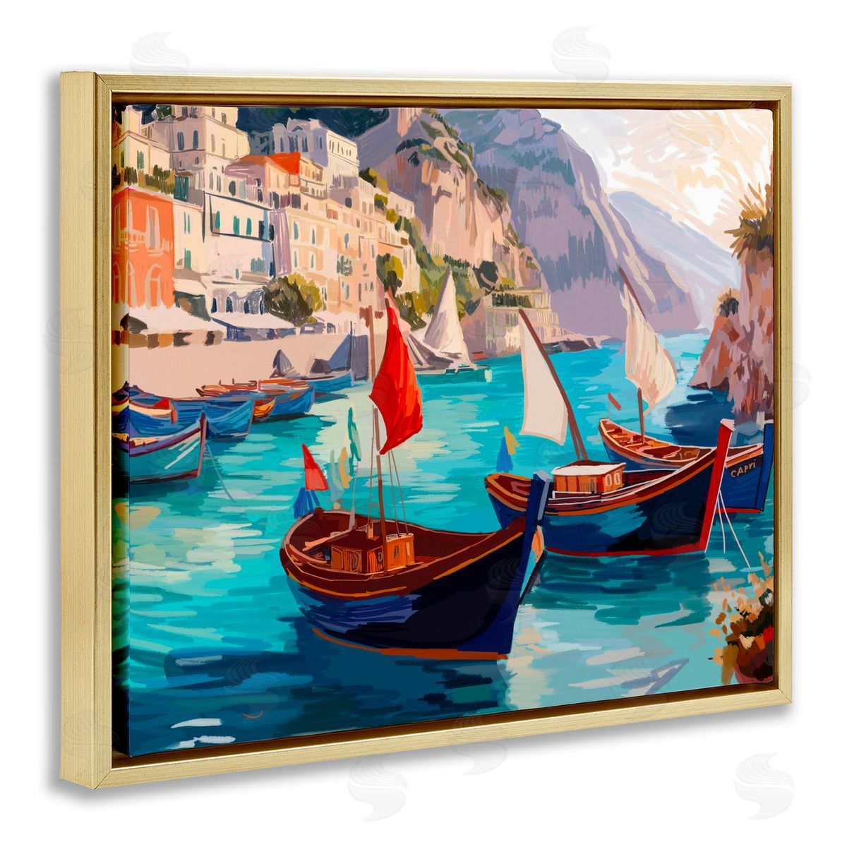 Amelia Noyes Capri Boat Marina View Gold Floating Frame Canvas Wall Art Print