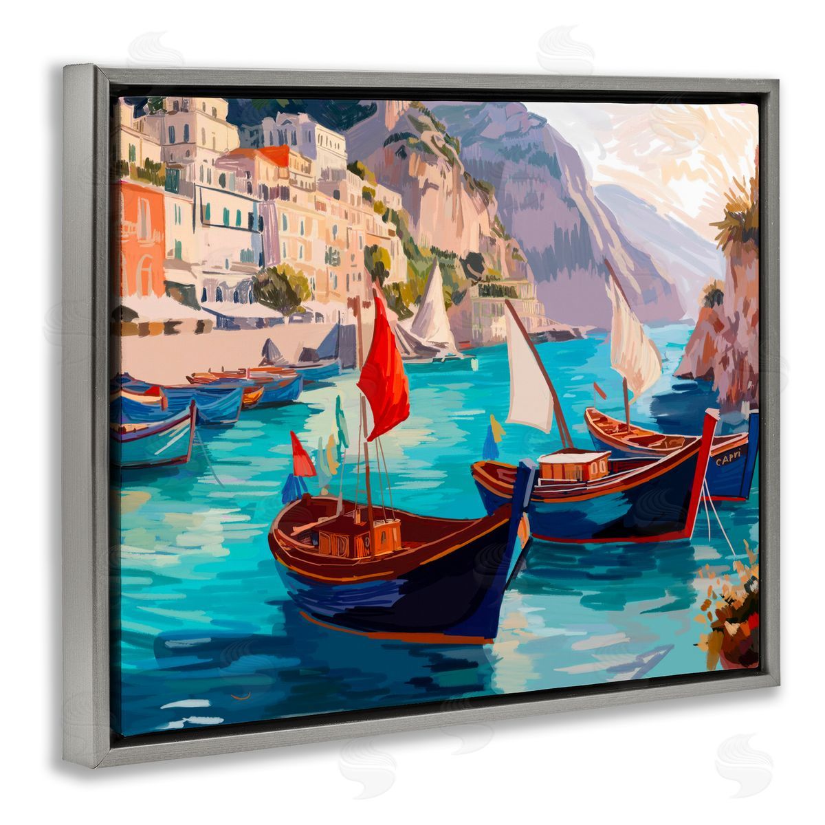Amelia Noyes Capri Boat Marina View Gray Floating Frame Canvas Wall Art Print