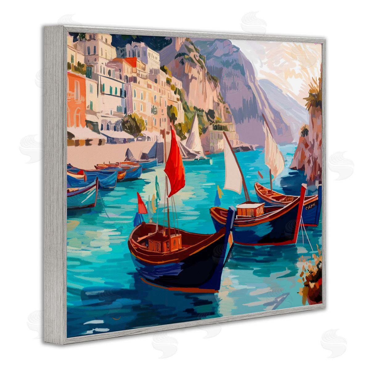 Amelia Noyes Capri Boat Marina View Gray Framed Giclee Wall Art Print