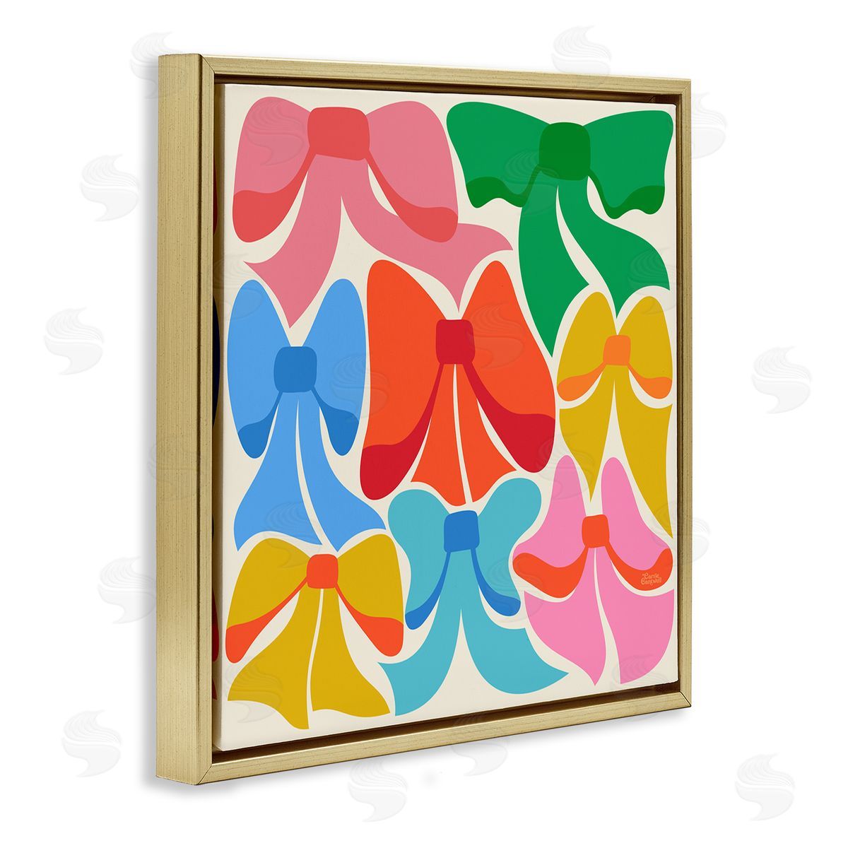 Carrie Cantwell Rainbow Bows Ribbon Shapes Gold Floating Frame Canvas Wall Art Print