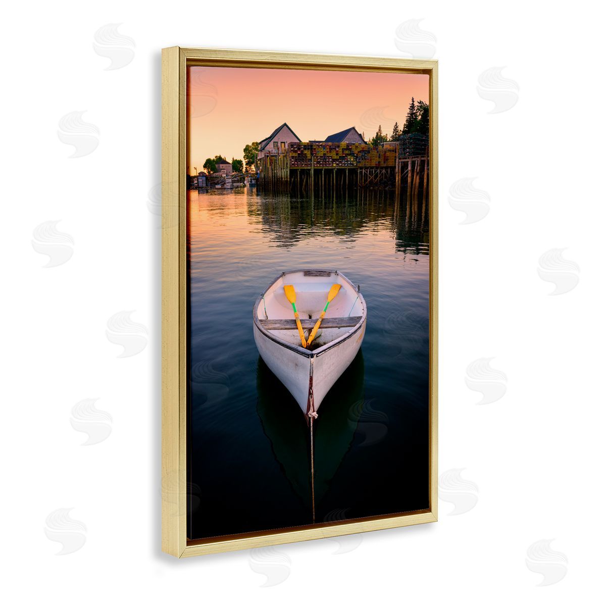 Rick Berk Docked Rowboat with Oars Gold Floating Frame Canvas Wall Art Print
