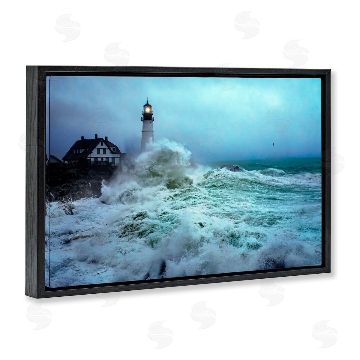 Rick Berk Tall Splashing Waves Lighthouse Black Floating Frame Canvas Wall Art Print