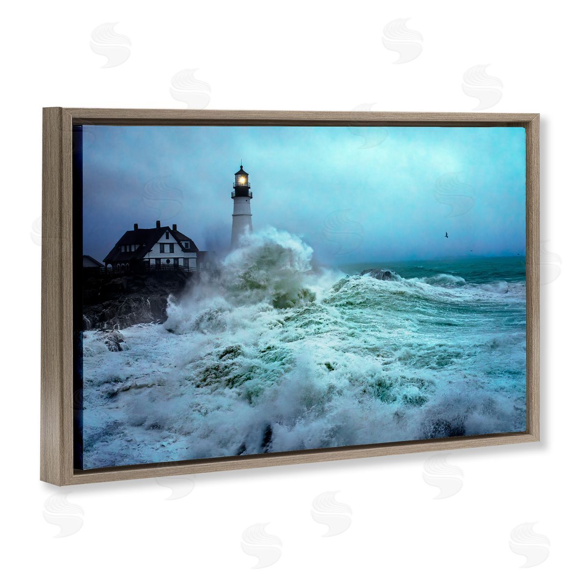 Rick Berk Tall Splashing Waves Lighthouse Brown Floating Frame Canvas Wall Art Print