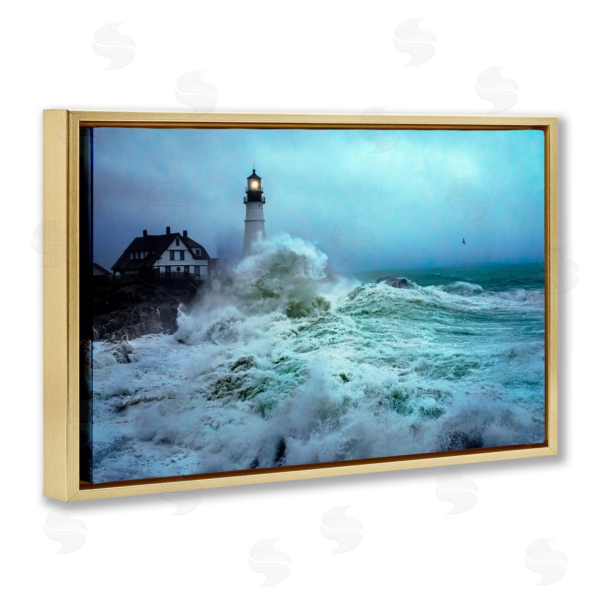 Rick Berk Tall Splashing Waves Lighthouse Gold Floating Frame Canvas Wall Art Print