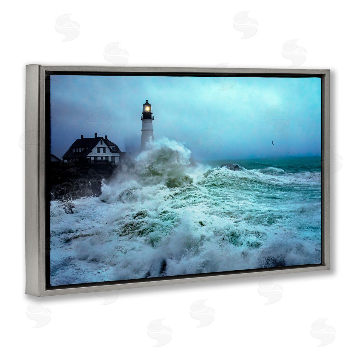 Rick Berk Tall Splashing Waves Lighthouse Gray Floating Frame Canvas Wall Art Print