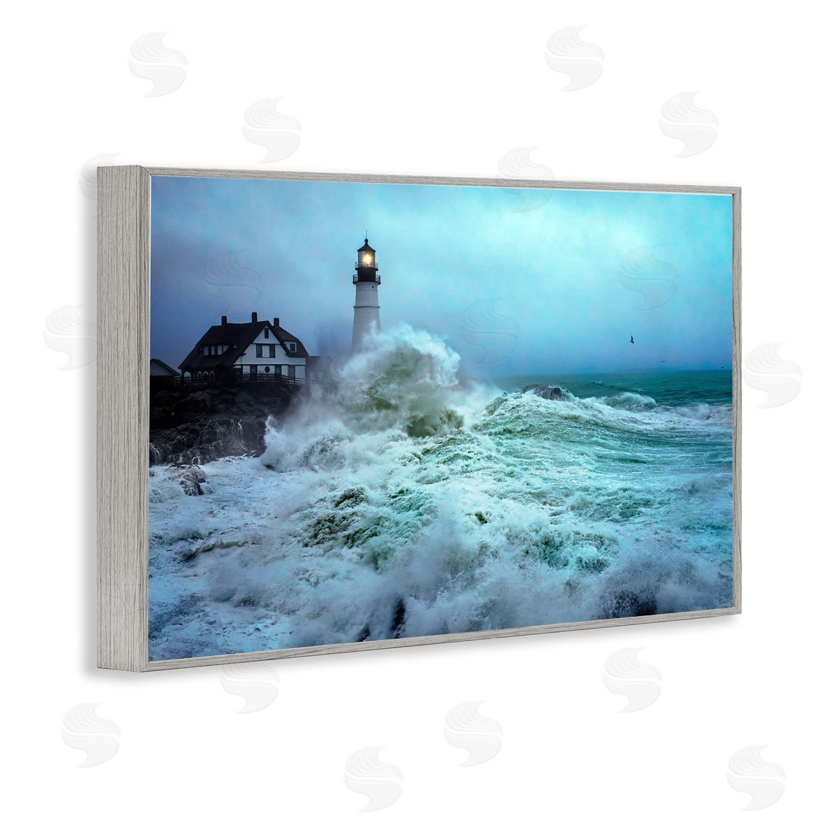 Rick Berk Tall Splashing Waves Lighthouse Gray Framed Giclee Wall Art Print