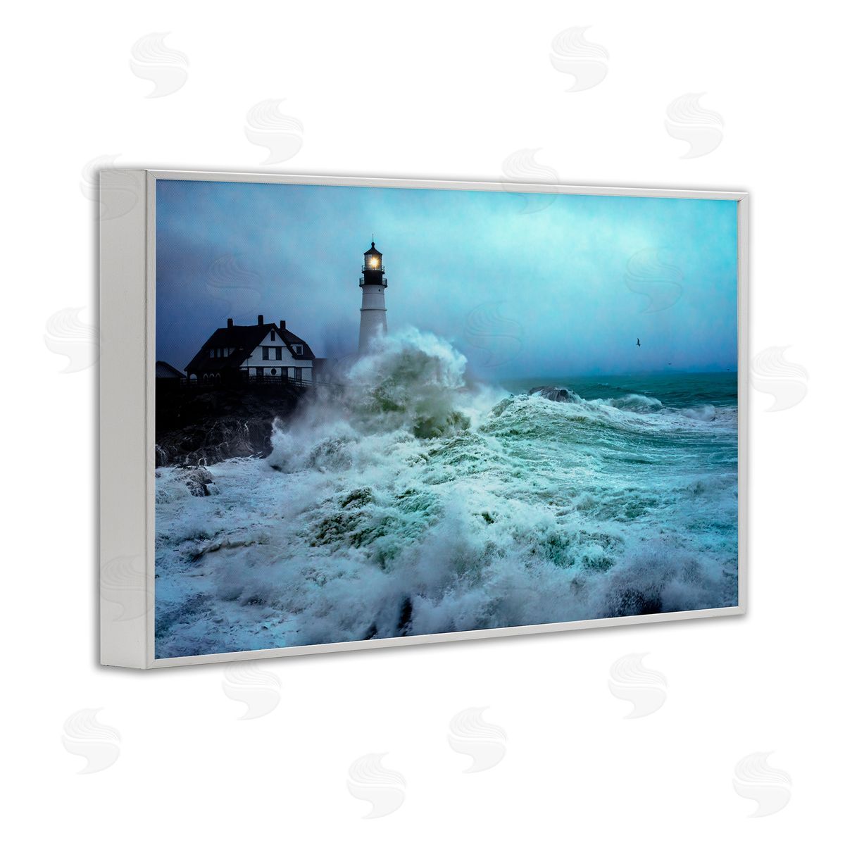 Rick Berk Tall Splashing Waves Lighthouse White Framed Giclee Wall Art Print