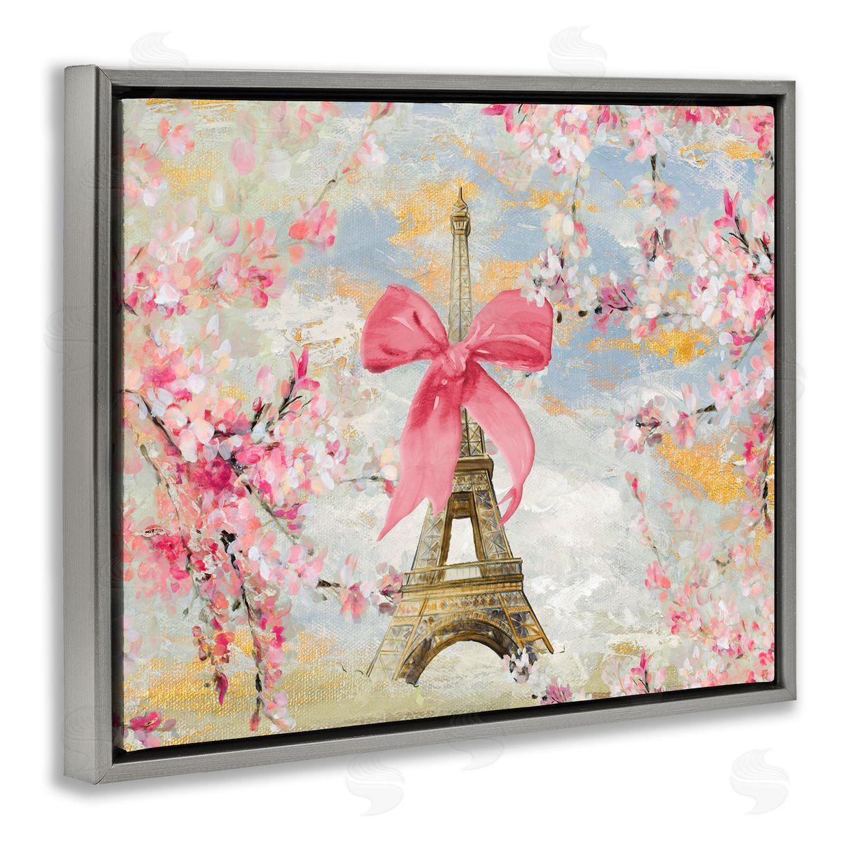 Lanie Loreth Eiffel Tower on Cherry Blossoms Gray Floating Frame Canvas Wall Art Print