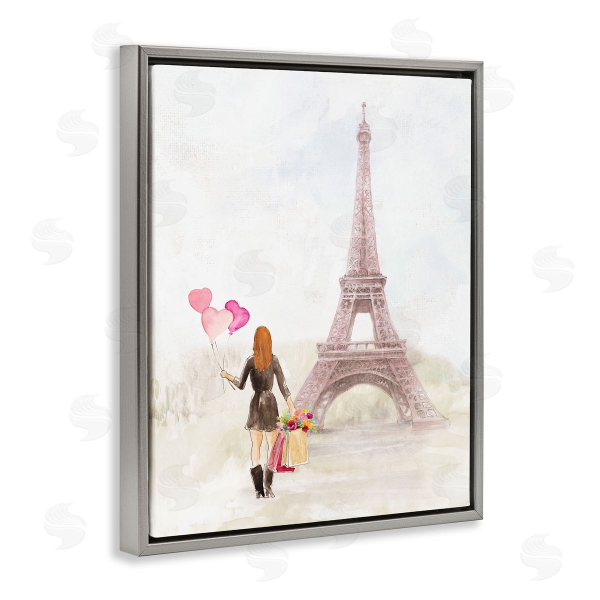 Lanie Loreth Eiffel Tower & Heart Balloons Gray Floating Frame Canvas Wall Art Print