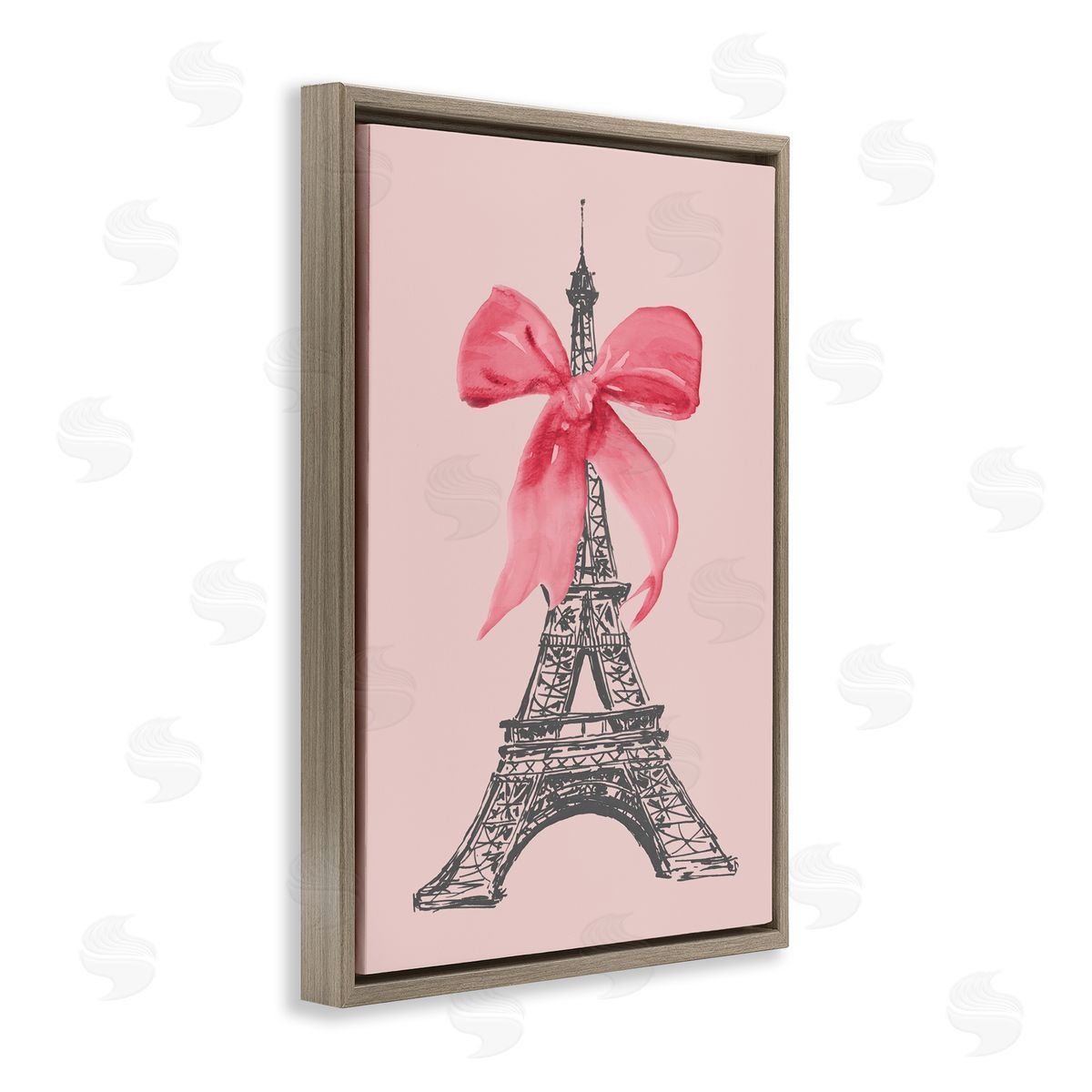 Lanie Loreth Pink Bow on Eiffel Tower Brown Floating Frame Canvas Wall Art Print