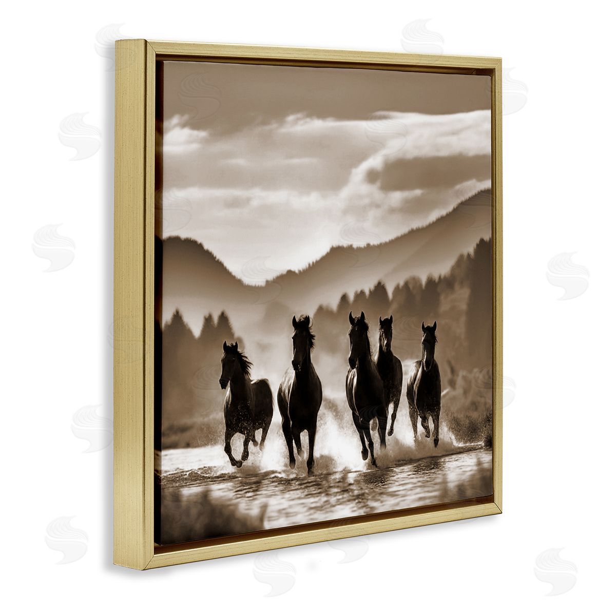 Noah Bay Splashing Canyon Stallions Gold Floating Frame Canvas Wall Art Print