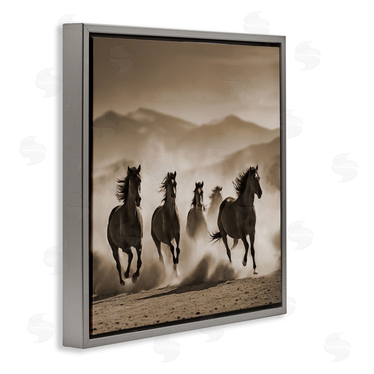 Noah Bay Trotting Mountain Stallions Gray Floating Frame Canvas Wall Art Print