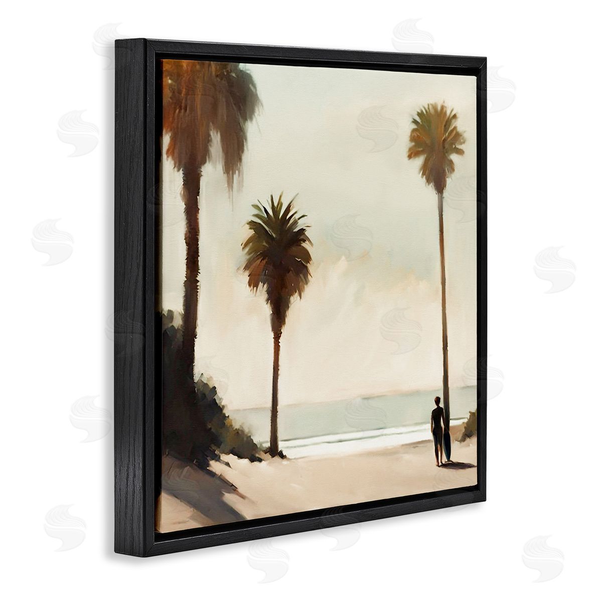 Noah Bay Surfer with Tropical Palms Black Floating Frame Canvas Wall Art Print