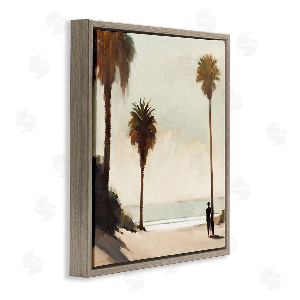 Noah Bay Surfer with Tropical Palms Brown Floating Frame Canvas Wall Art Print