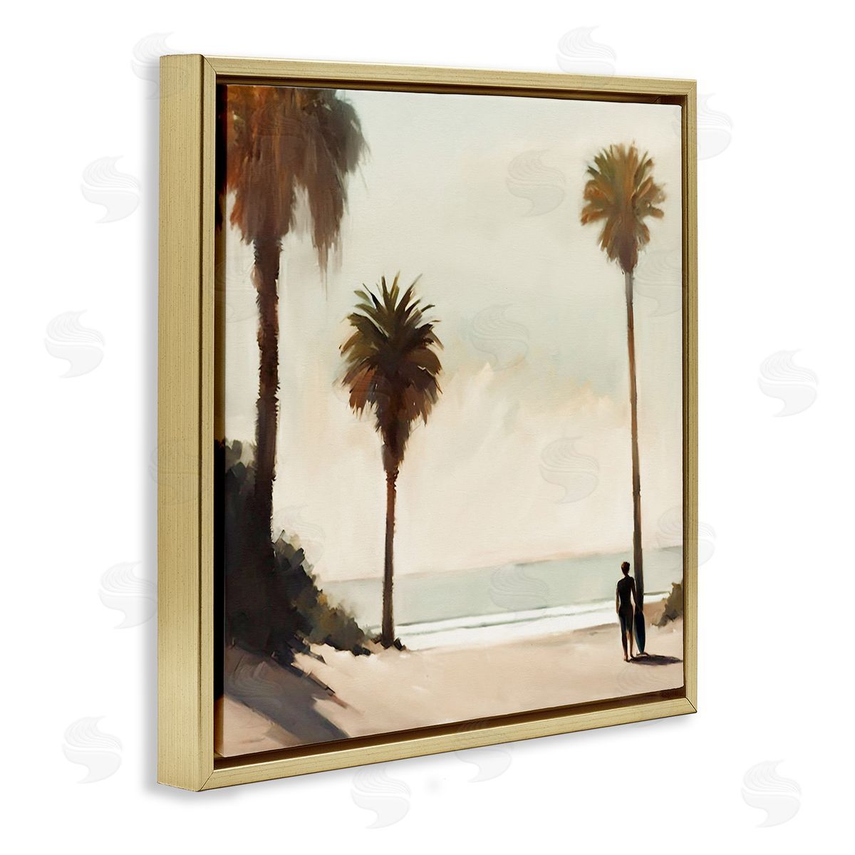 Noah Bay Surfer with Tropical Palms Gold Floating Frame Canvas Wall Art Print