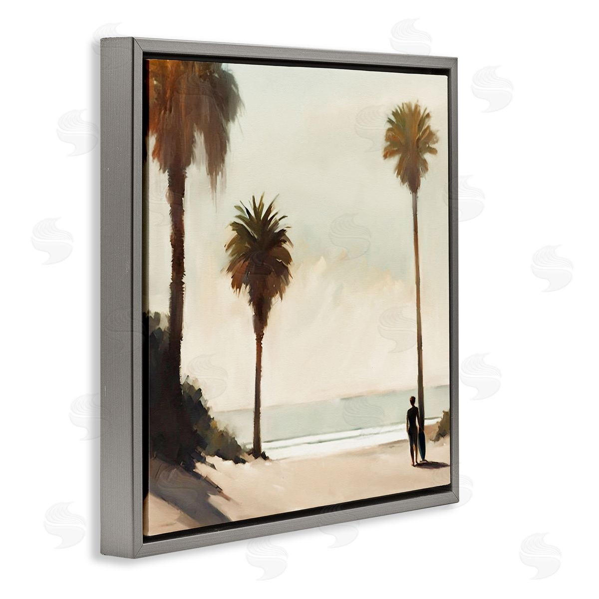 Noah Bay Surfer with Tropical Palms Gray Floating Frame Canvas Wall Art Print