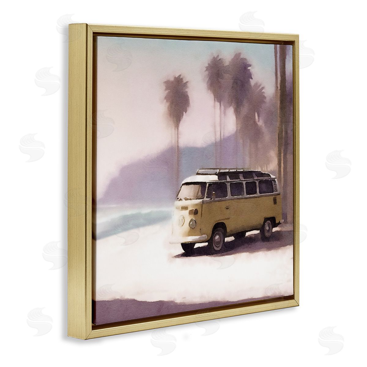 Noah Bay Yellow Van on Beach Gold Floating Frame Canvas Wall Art Print