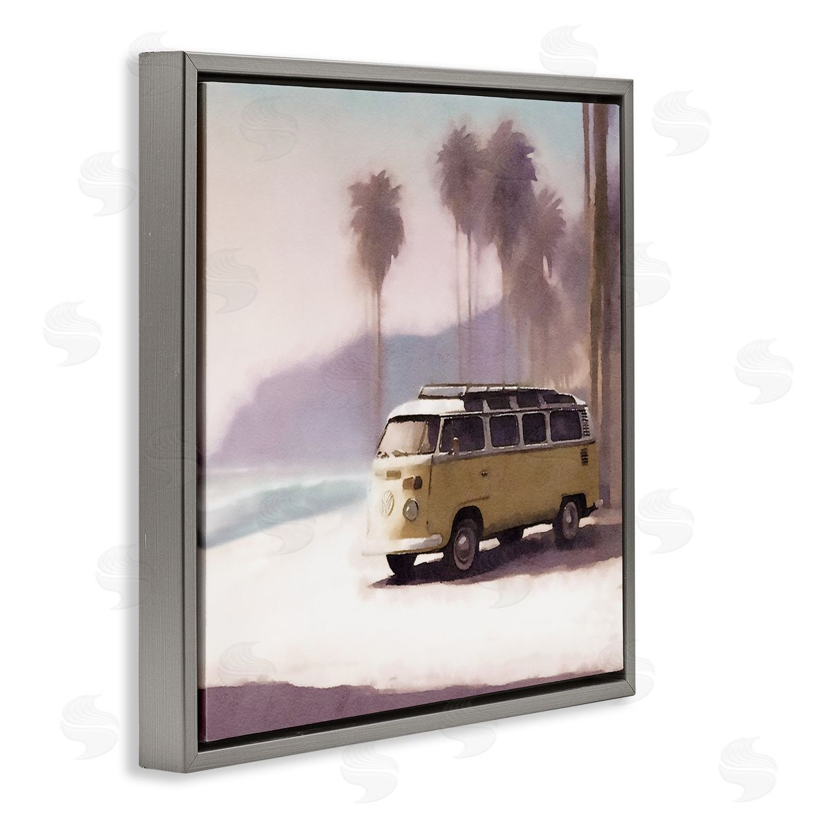 Noah Bay Yellow Van on Beach Gray Floating Frame Canvas Wall Art Print