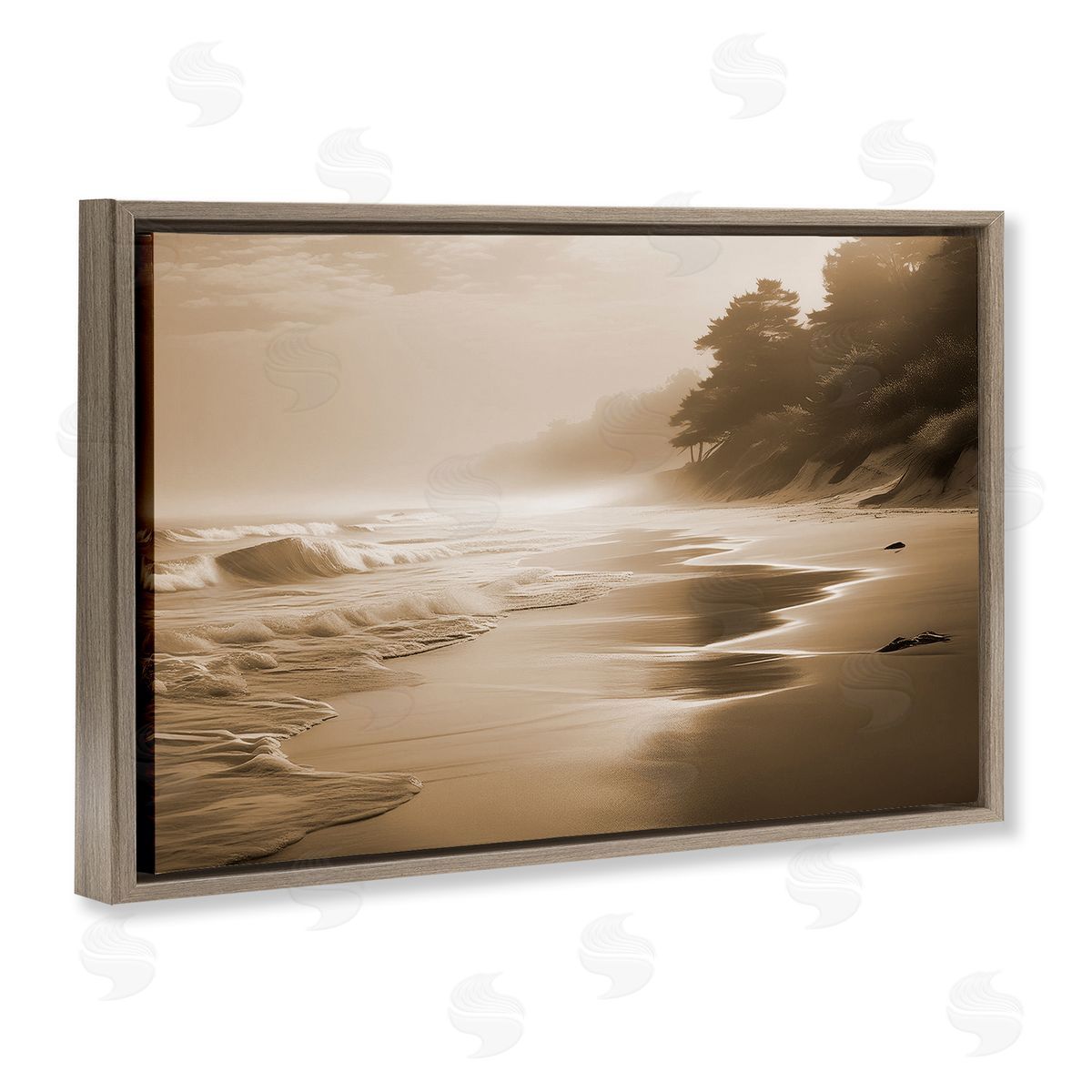Sepia Smooth Beach Landscape Brown Floating Frame Canvas Wall Art, Home Decor by Noah Bay