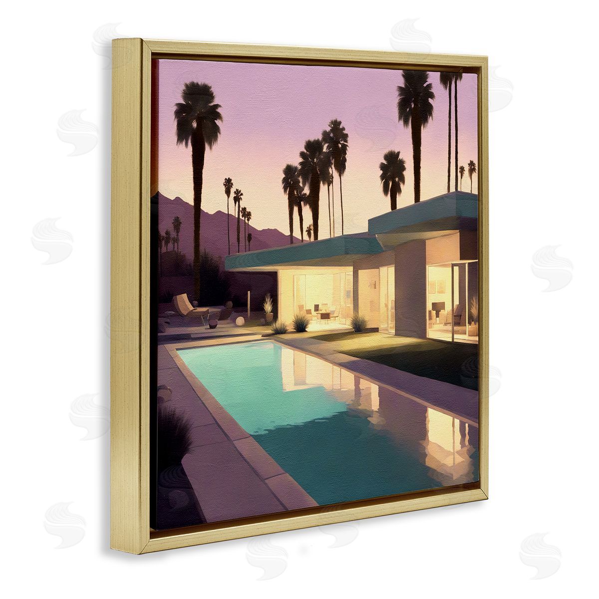 Noah Bay Palm Trees & Pool Villa Gold Floating Frame Canvas Wall Art Print